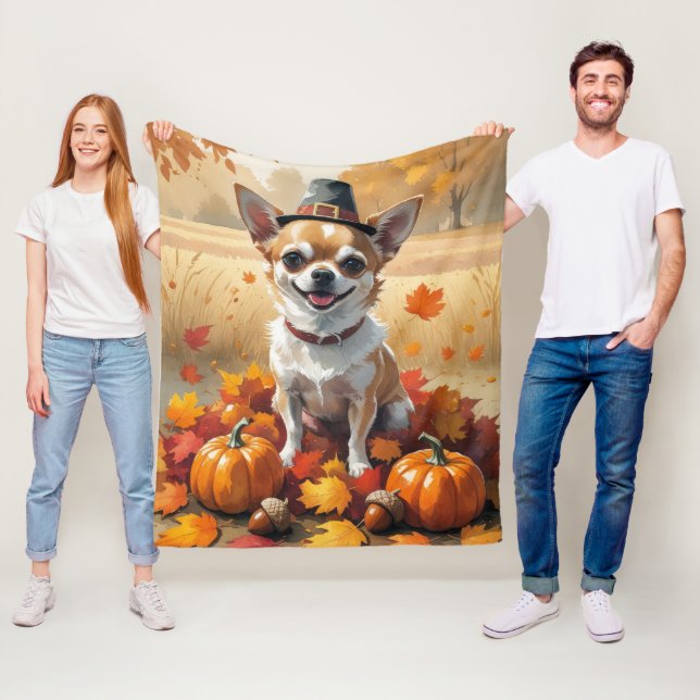 Chihuahua In Höst löv Thanksgiving Art Fleecefilt (På plats)