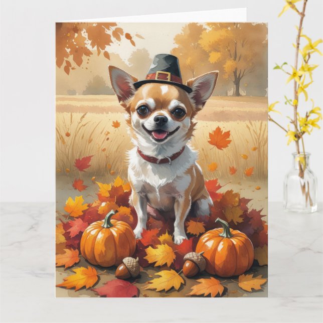 Chihuahua In Höst löv Thanksgiving Art Kort (Gul blomma)