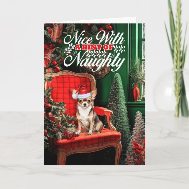 Chihuahua Jul Hund Naughty eller Nice Helgkort (Framsida)