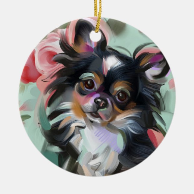 Chihuahua jul Ornament| Helgdagar, blommigt Julgransprydnad Keramik (Framsidan)