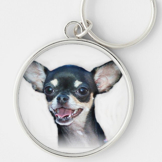 Chihuahua Keychain Rund Silverfärgad Nyckelring (Framsidan)