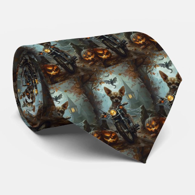 Chihuahua Kör Motorcykel Halloween Skräckinjagande Slips (Rullad)