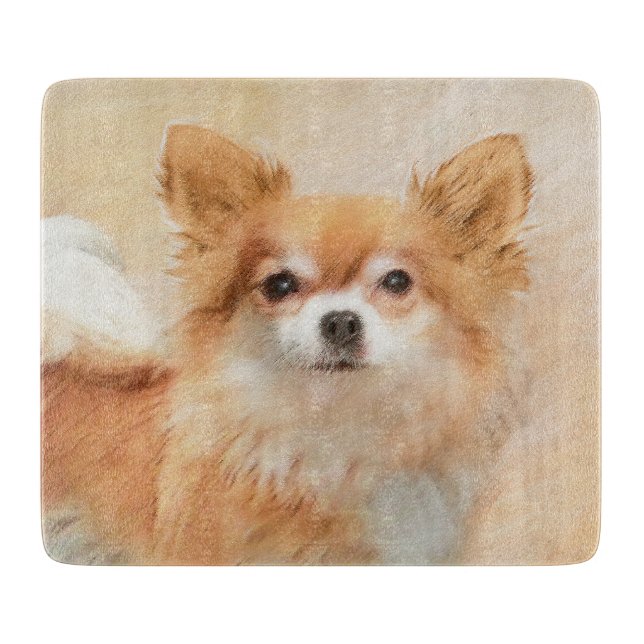 Chihuahua Långfärgad Hund Painting Original Art (Framsidan)