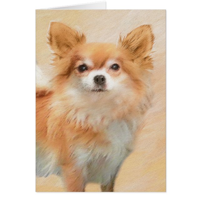 Chihuahua Långfärgad Hund Painting Original Art Hälsningskort (Framsidan)