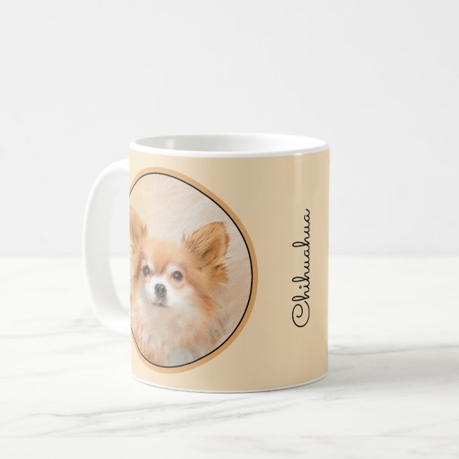 Chihuahua Långfärgad Hund Painting Original Art Kaffemugg (Framsida vänster)