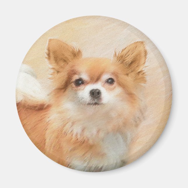 Chihuahua Långfärgad Hund Painting Original Art Magnet (Framsidan)