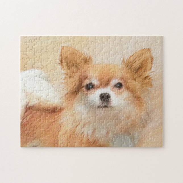 Chihuahua Långfärgad Hund Painting Original Art Pussel (Horisontell)