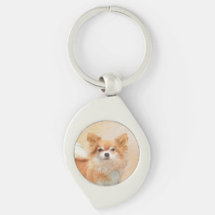 Chihuahua Långfärgad Hund Painting Original Art Swirl Silverfärgad Nyckelring