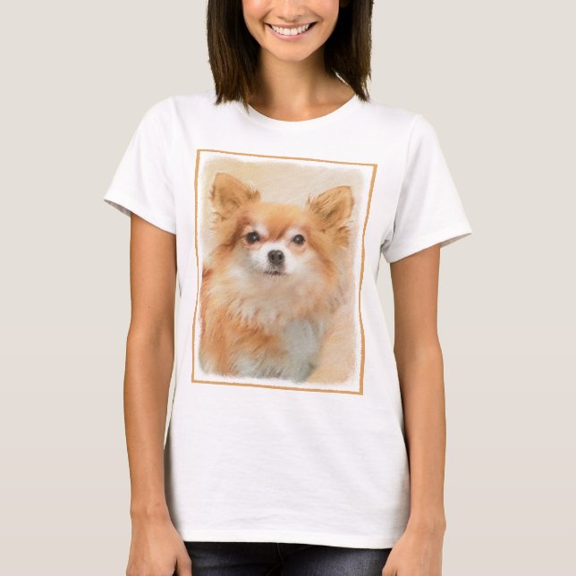 Chihuahua Långfärgad Hund Painting Original Art T Shirt (Framsida)