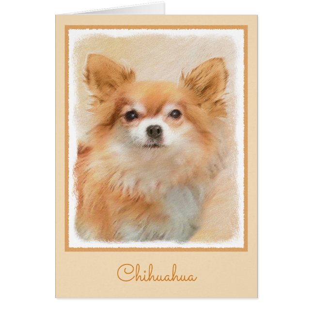Chihuahua Långhårig Hund Målar Original Konst Hälsningskort (Framsidan)