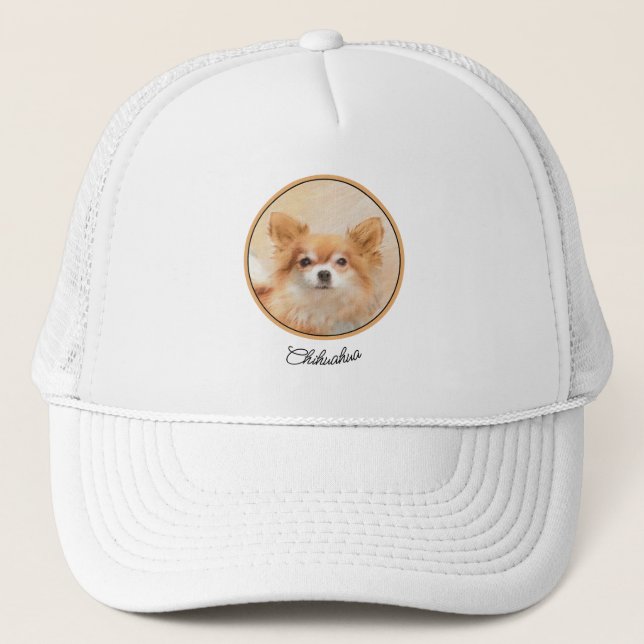 Chihuahua Långhårig Hund Målar Original Konst Keps (Framsida)