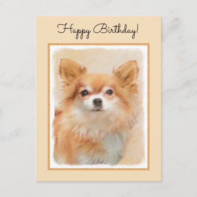 Chihuahua Långhårig Hund Målar Original Konst Vykort (Framsida)