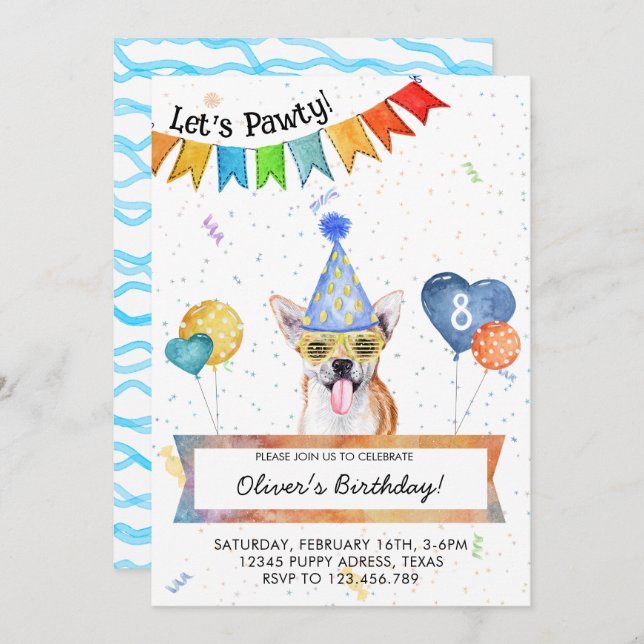 Chihuahua Lets Pawty Hund Födelsedagsfest Inbjudningar (Fram/baksida)