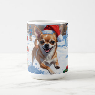 Chihuahua löper i snö med julhatt kaffemugg