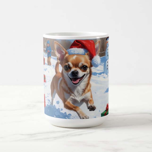 Chihuahua löper i snö med julhatt kaffemugg (Center)