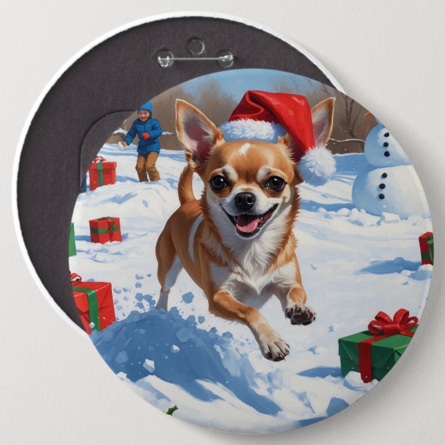 Chihuahua löper i snö med julhatt knapp (Framsida & baksida)