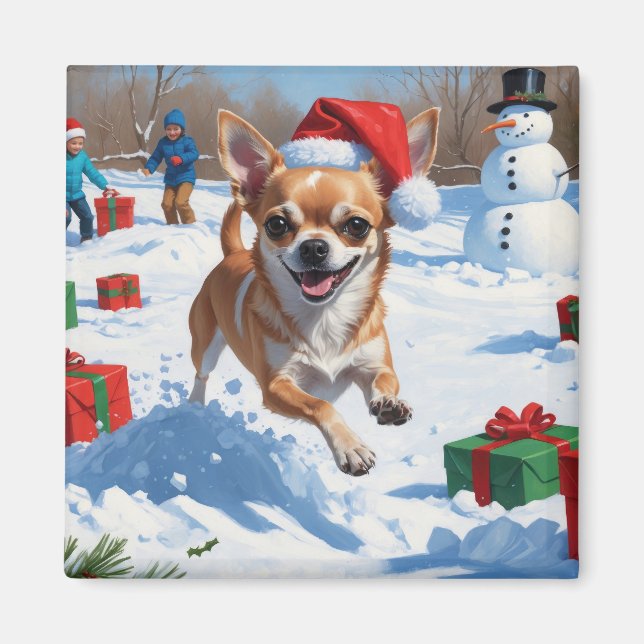 Chihuahua löper i snö med julhatt magnet (Framsidan)