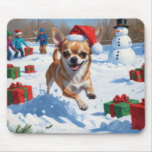 Chihuahua löper i snö med julhatt musmatta