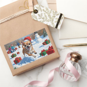 Chihuahua löper i snö med julhatt rektangulärt klistermärke