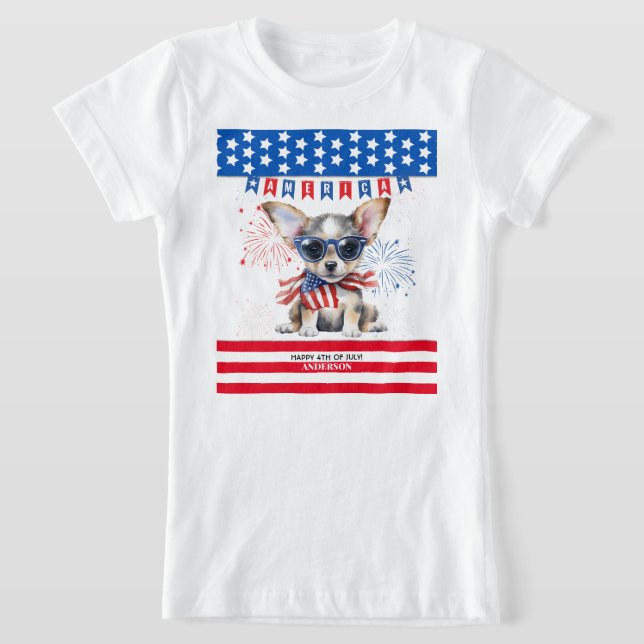 Chihuahua Lycklig 4:e juli Amerika Patriotic USA T Shirt (Laydown)