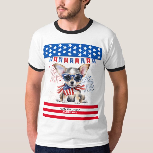Chihuahua Lycklig 4:e juli Amerika Patriotic USA T Shirt (Framsida)