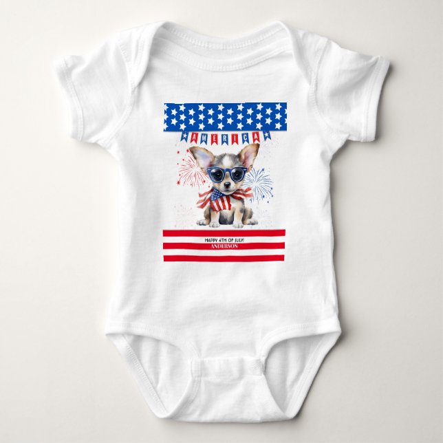 Chihuahua Lycklig 4:e juli Amerika Patriotic USA T Shirt (Framsida)