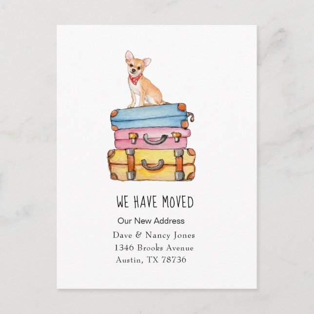 Chihuahua och bagage flytten annons vykort (Framsida)