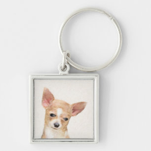 Chihuahua Painting - Cute Original Hund Art Fyrkantig Silverfärgad Nyckelring