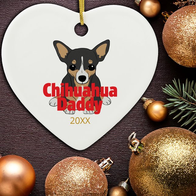 Chihuahua pappa Black Tan Hund Date Julgransprydnad Keramik (Chihuahua Daddy Black Tan Dog Date Ceramic Ornament)