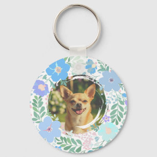 Chihuahua Pastellblå Blomsterkrans Anpassad Nyckelring