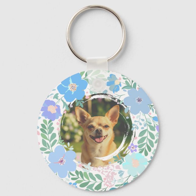 Chihuahua Pastellblå Blomsterkrans Anpassad Nyckelring (Baksida)