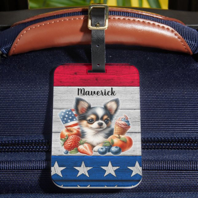 Chihuahua Patriotic Fruit USA Long Hair Chihuahua Bagagebricka (Framsida Insitu 2)