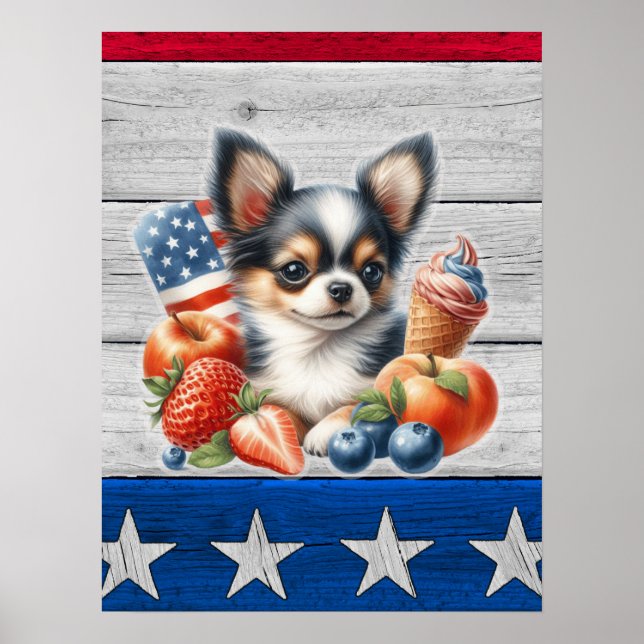 Chihuahua Patriotic Fruit USA Long Hair Chihuahua Poster (Framsidan)