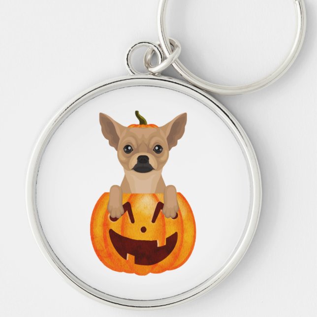 Chihuahua Pumpkin Rund Silverfärgad Nyckelring (Framsidan)