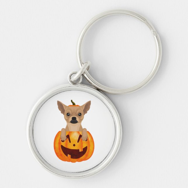 Chihuahua Pumpkin Rund Silverfärgad Nyckelring (Framsidan)