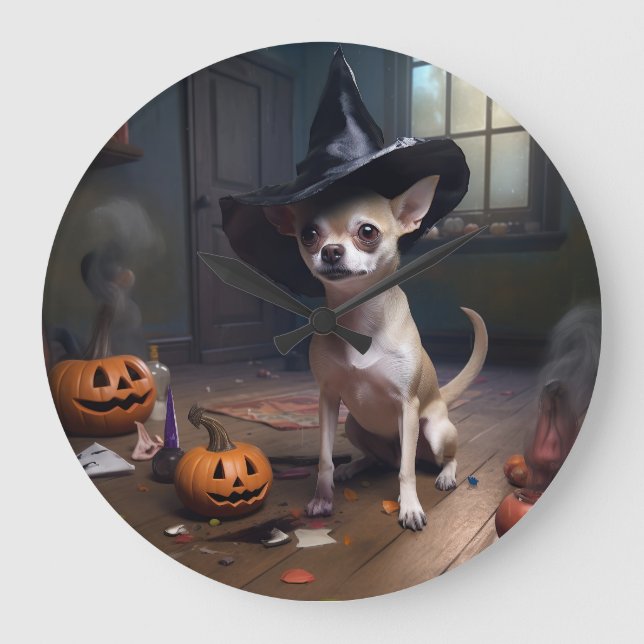Chihuahua Pumpkins Halloween Scary Stor Klocka (Framsida)