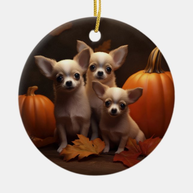Chihuahua Puppy Autumn Delight Pumpkin Julgransprydnad Keramik (Framsidan)
