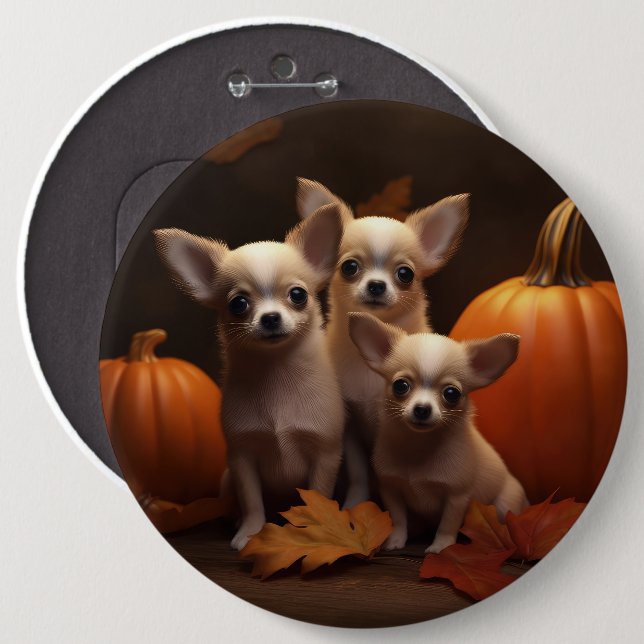 Chihuahua Puppy Autumn Delight Pumpkin Knapp (Framsida & baksida)