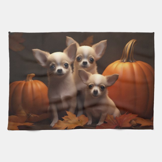 Chihuahua Puppy Autumn Delight Pumpkin Kökshandduk (Horisontell)