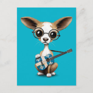 Chihuahua Puppy Hund spelar Quebec Flagga Guitar Vykort