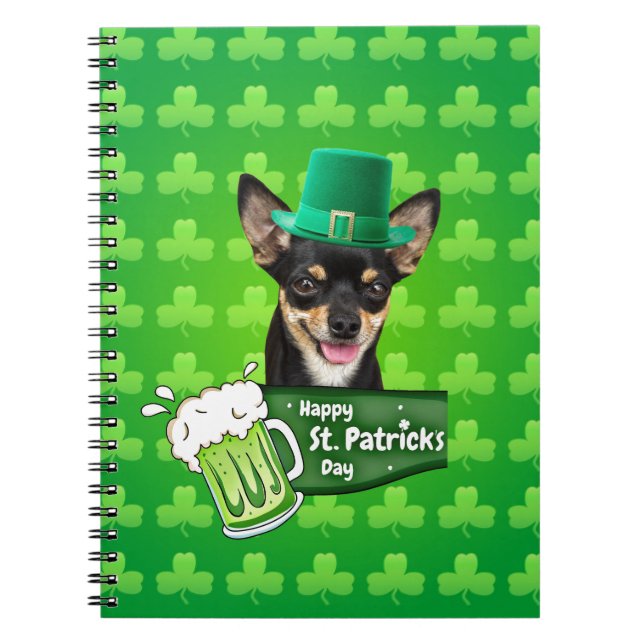 Chihuahua Puppy Hund St. Patrick Day Grönt Klöver Anteckningsbok Med Spiral (Framsidan)
