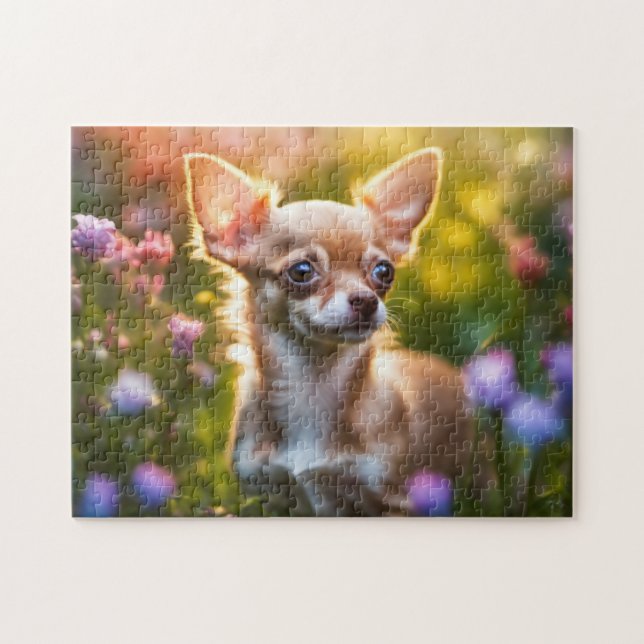 Chihuahua Puppy i Flower Fält Pussel (Horisontell)
