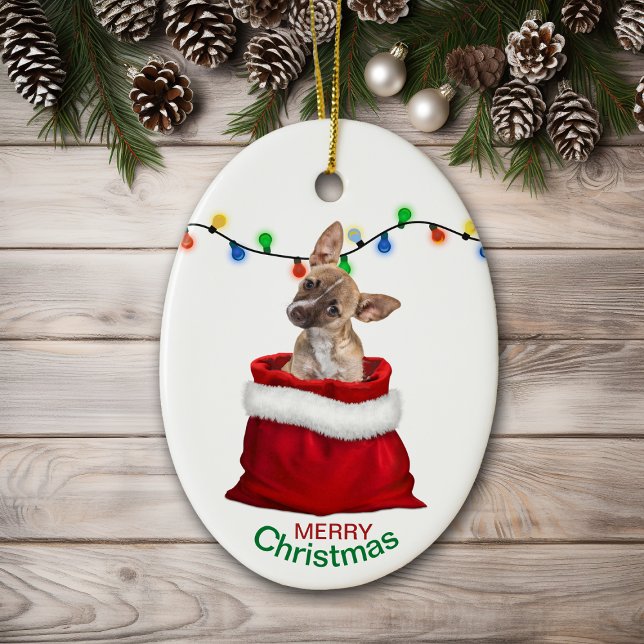 Chihuahua Puppy i Gift Bag-julen Julgransprydnad Keramik (Skapare uppladdad)