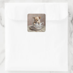 Chihuahua Puppy in A Tekopp Oil Paint, Fyrkantigt Klistermärke