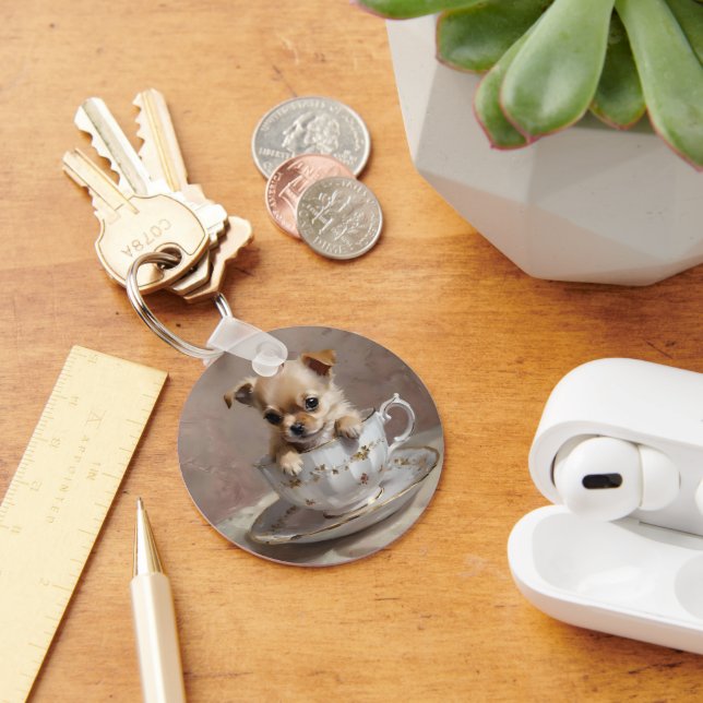 Chihuahua Puppy in A Tekopp Oil Paint, Nyckelring (Skrivbord)