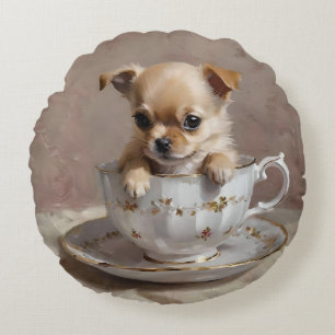 Chihuahua Puppy in A Tekopp Oil Paint, Rund Kudde