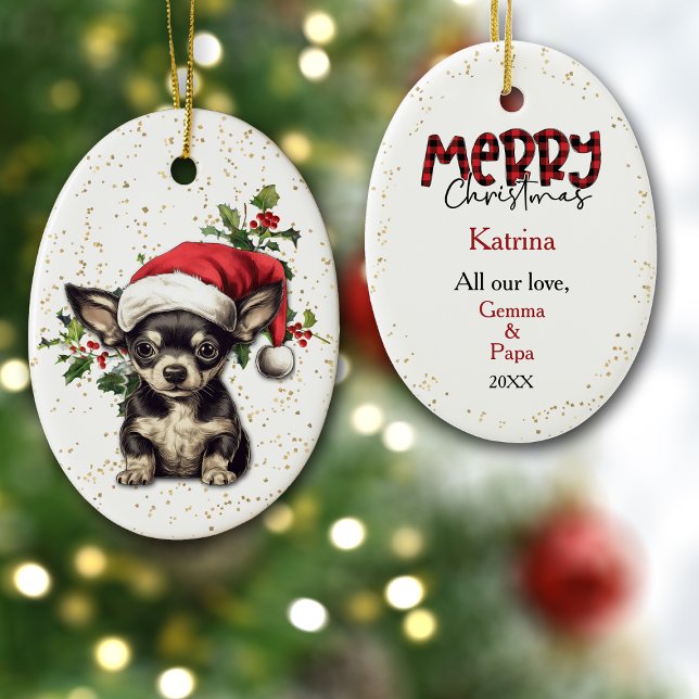 Chihuahua Puppy jul Holly Julgransprydnad Keramik (Skapare uppladdad)