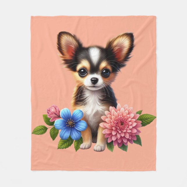 Chihuahua Puppy med dekorativa blommor Fleecefilt (Framsidan)