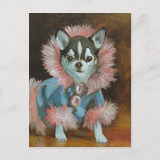 Chihuahua puppy med rosa och blå jacka vykort (Framsida)