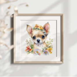 Chihuahua Puppy Pet Watercolor Flower Poster